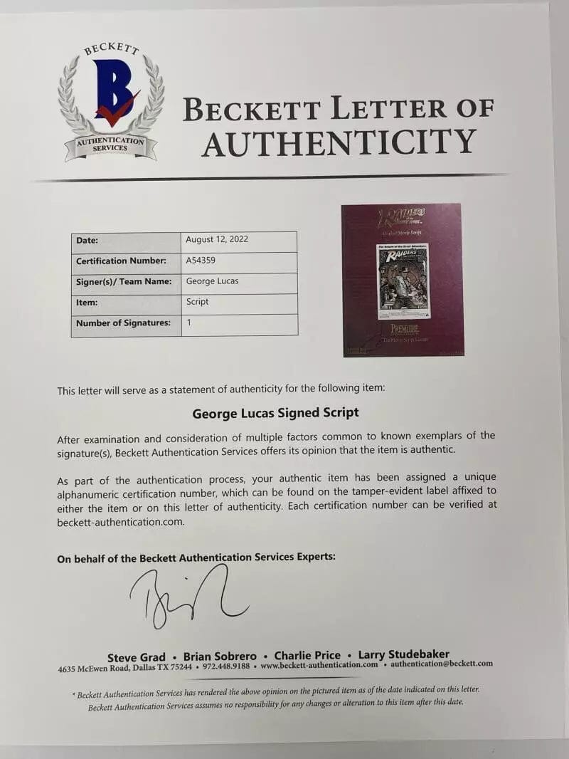 George Lucas Signed Script from Indiana Jones Beckett COA - Item #3 - Detail View