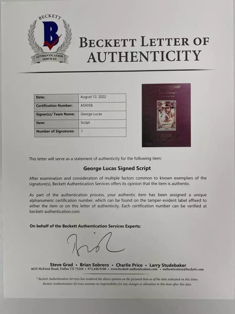 George Lucas Signed Script from Indiana Jones Beckett COA - Item #1 - Detail View