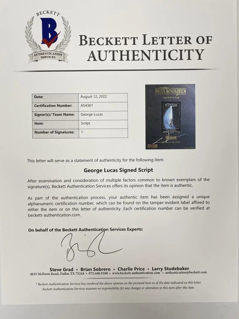 George Lucas Signed Script from Star Wars Beckett COA - Item #2 - Detail View
