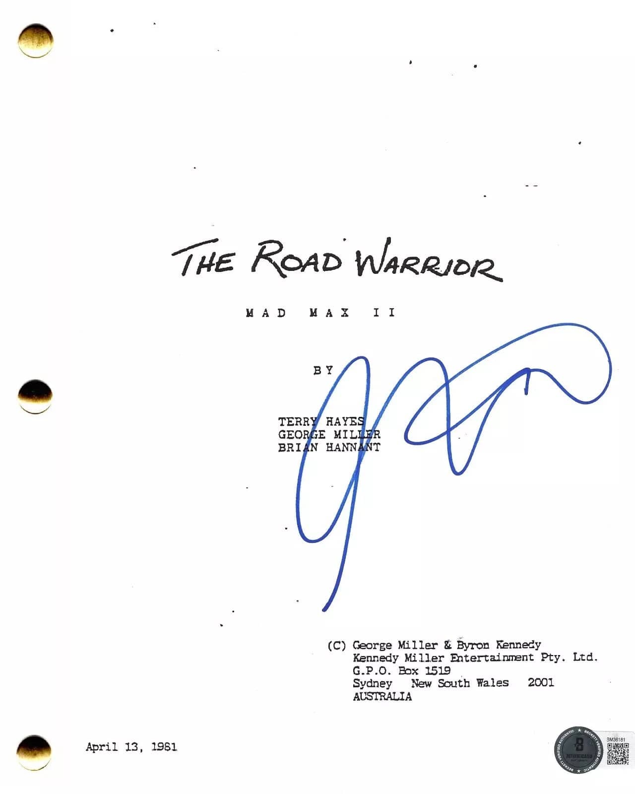 George Miller Authentic Autographed Mad Max: The Road Warrior Script