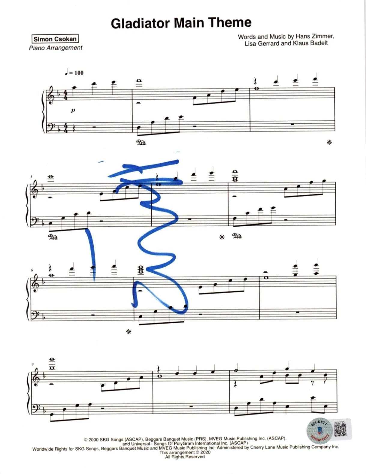 Hans Zimmer Signed Gladiator Main Theme Lyrics & Sheet Music from Gladiator Beckett COA