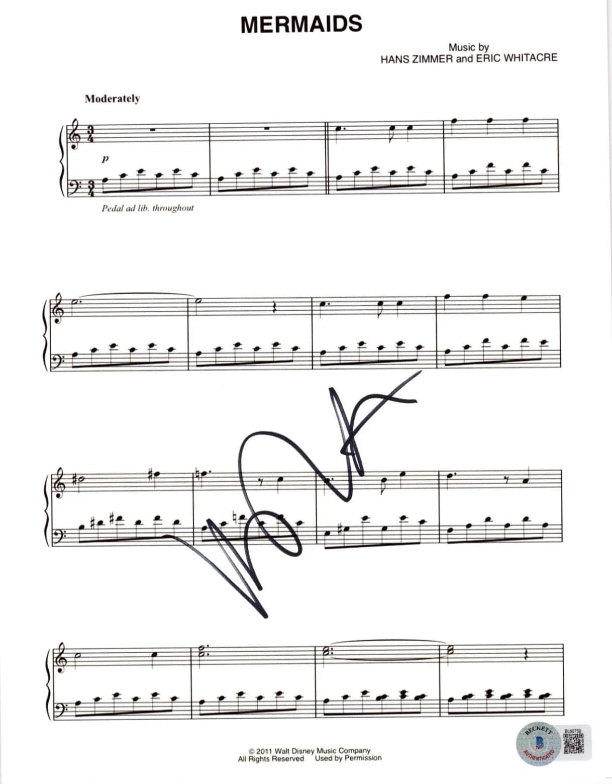 Hans Zimmer Signed Lyrics & Sheet Music from Pirates of the Caribbean Beckett COA