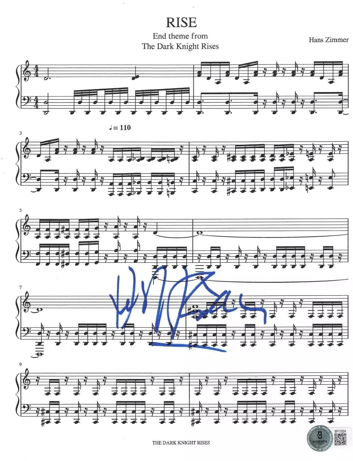 Hans Zimmer Signed Lyrics & Sheet Music from The Dark Knight Rises Beckett COA