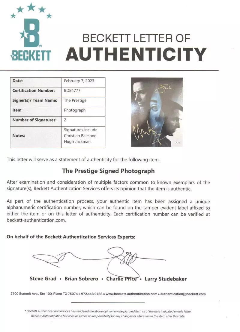 Christian Bale Signed 11x14 Photo from The Prestige Beckett COA - Item #4 - Detail View