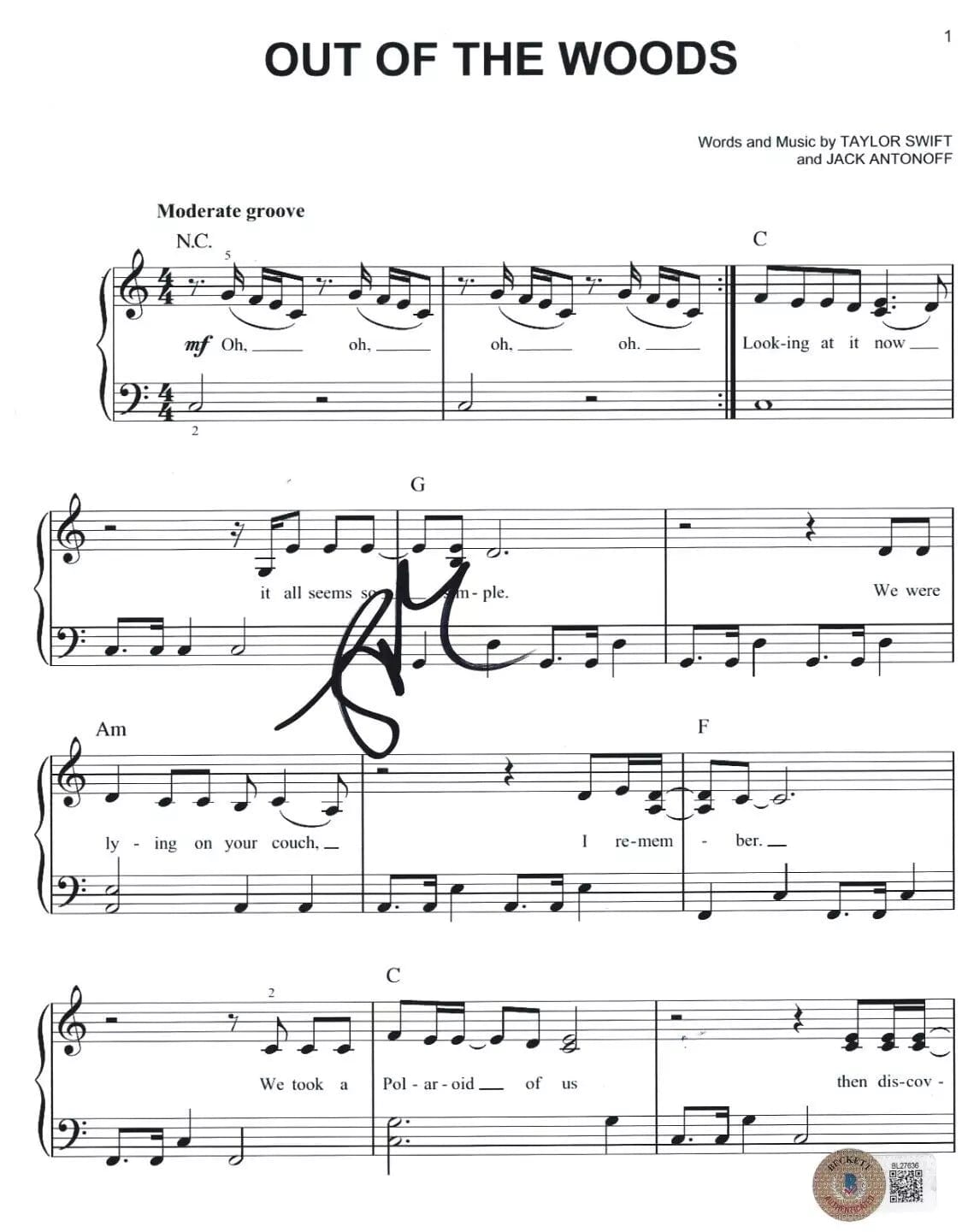 Jack Antonoff of the Woods Sheet Music Signed Out the Woods Lyrics & Sheet Music Beckett COA