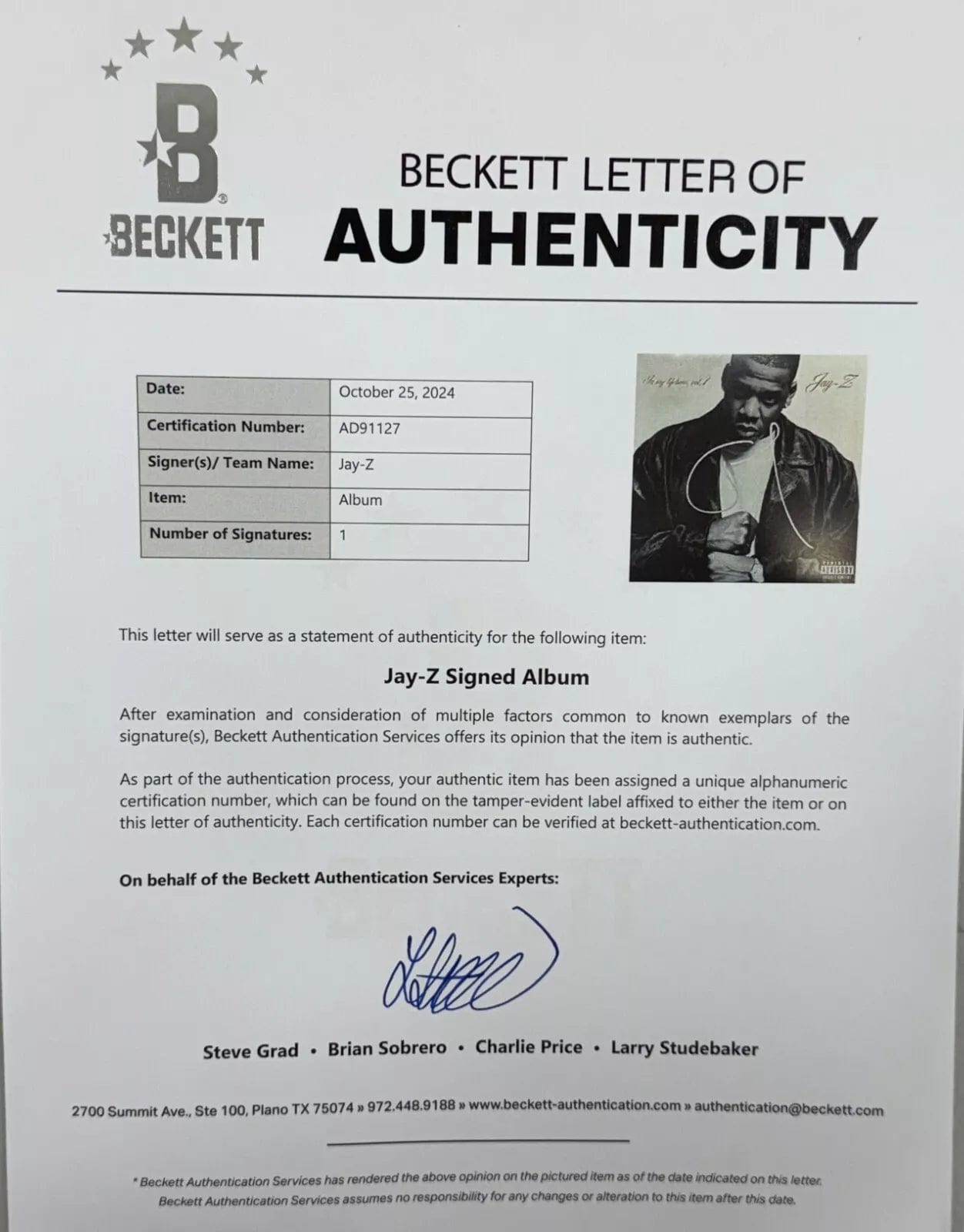 Jay-Z Autographed Vinyl Record | Prime Time Signatures