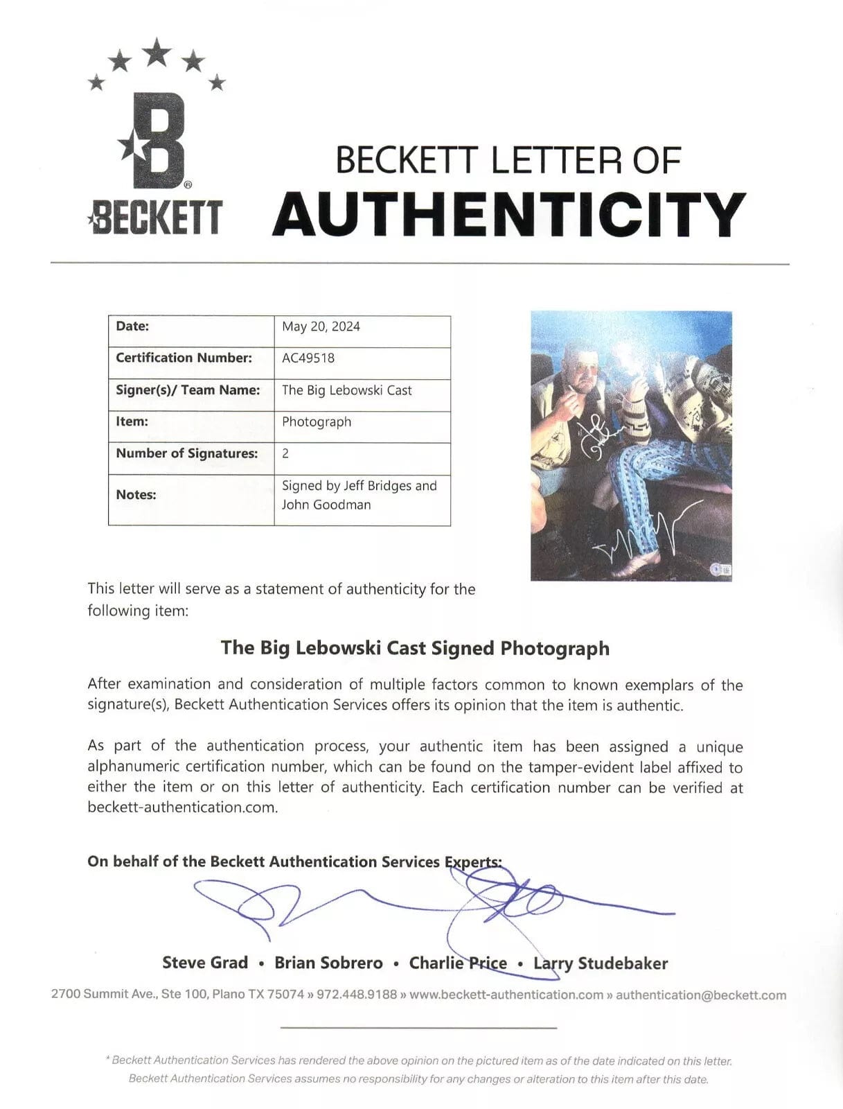 Jeff Bridges Signed 11x14 Photo from The Big Lebowski Beckett COA - Item #6 - Detail View