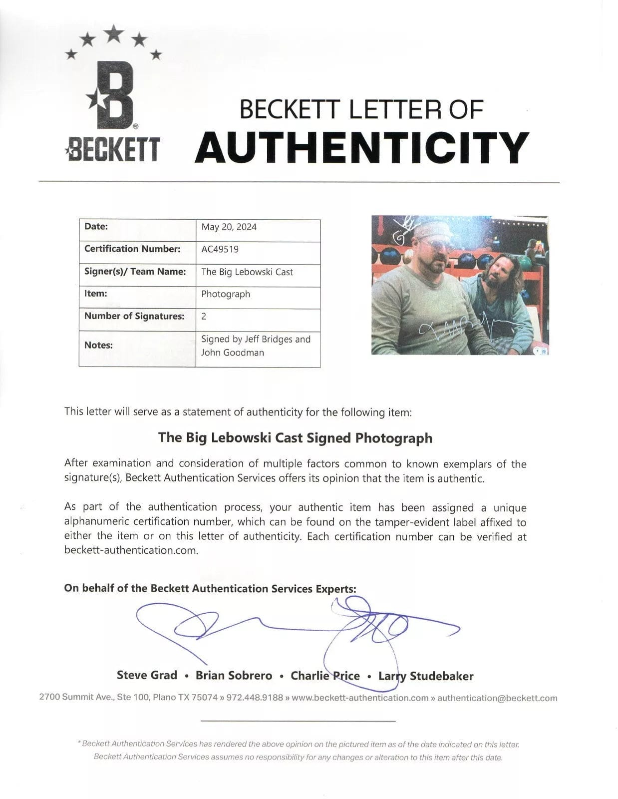 Jeff Bridges Signed 11x14 Photo from The Big Lebowski Beckett COA - Item #5 - Detail View