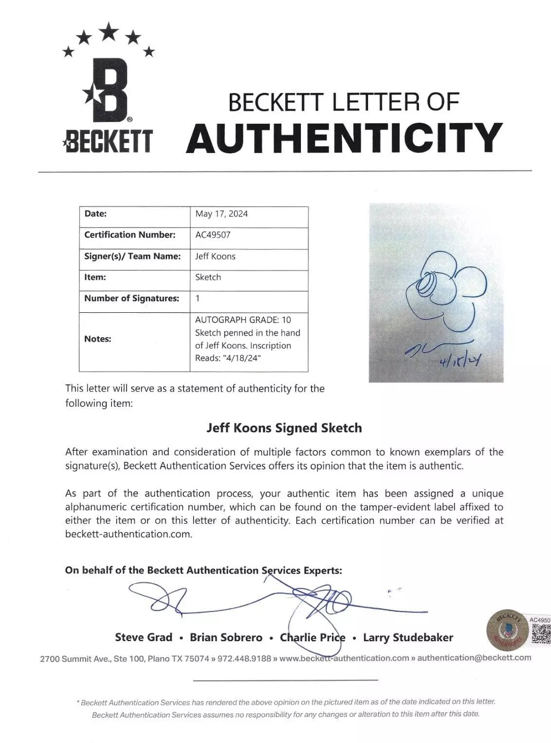 Jeff Koons Signed Artwork Beckett COA - Item #2 - Detail View