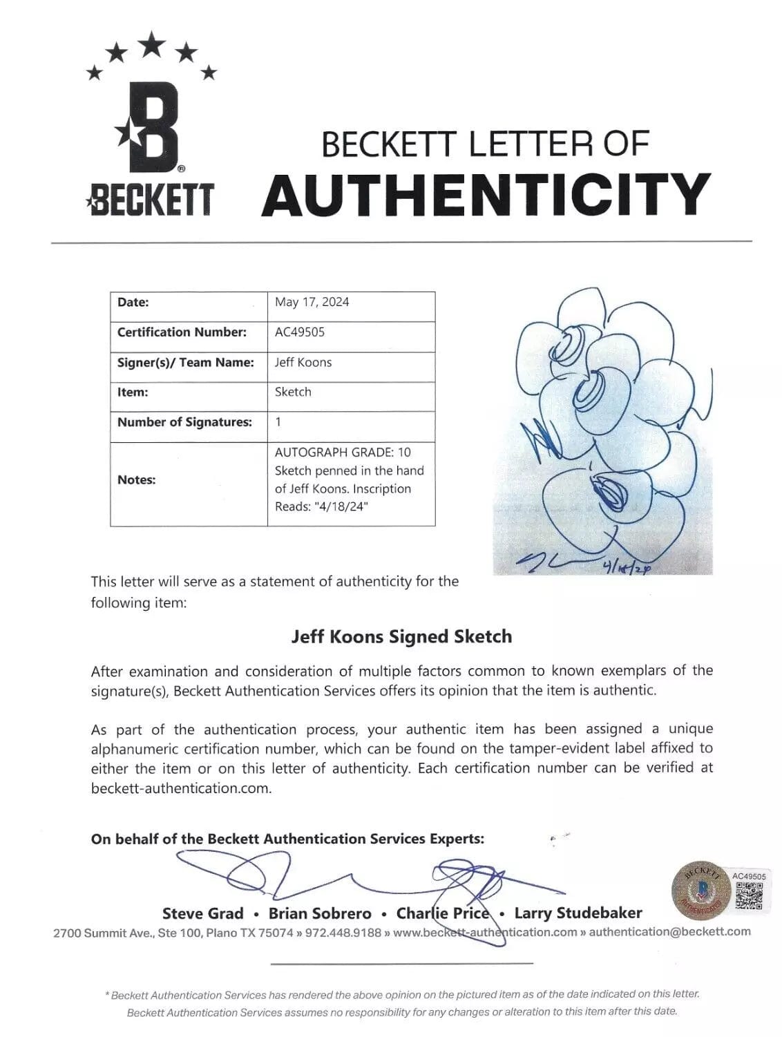 Jeff Koons Autographed Artwork Sketch - Unique Original