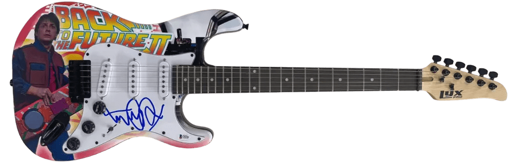 Michael J Fox Signed Guitar from Back to the Future Beckett COA - Detail View