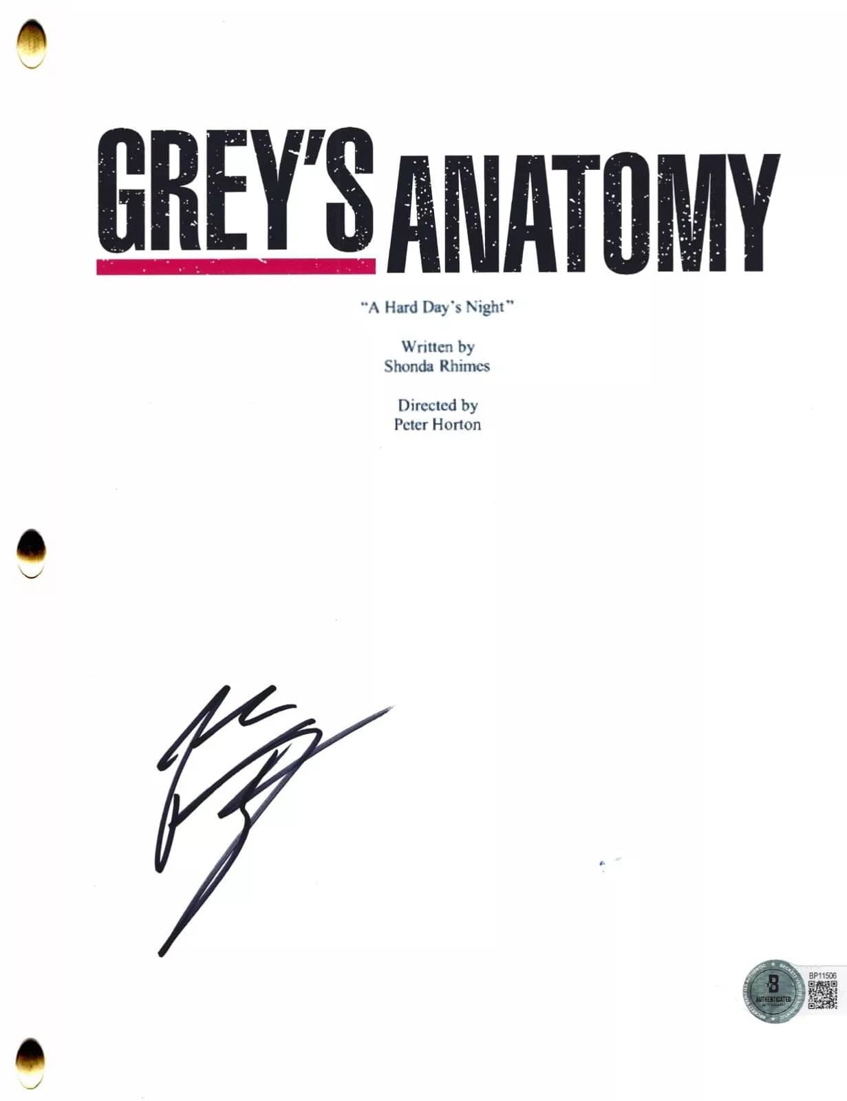 Patrick Dempsey Signed Script from Grey's Anatomy Beckett COA