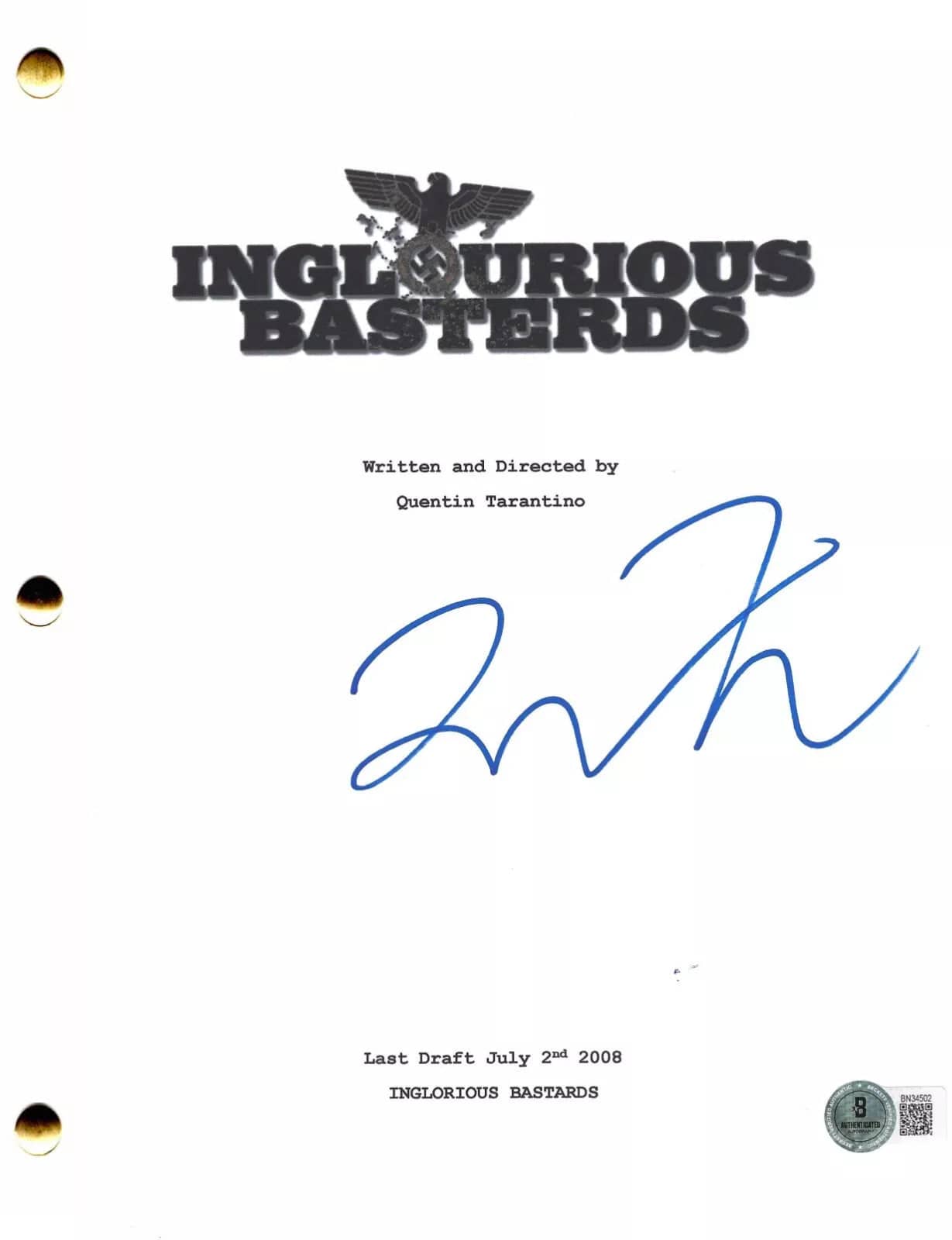 Quentin Tarantino Signed Script from Inglourious Basterds Beckett COA