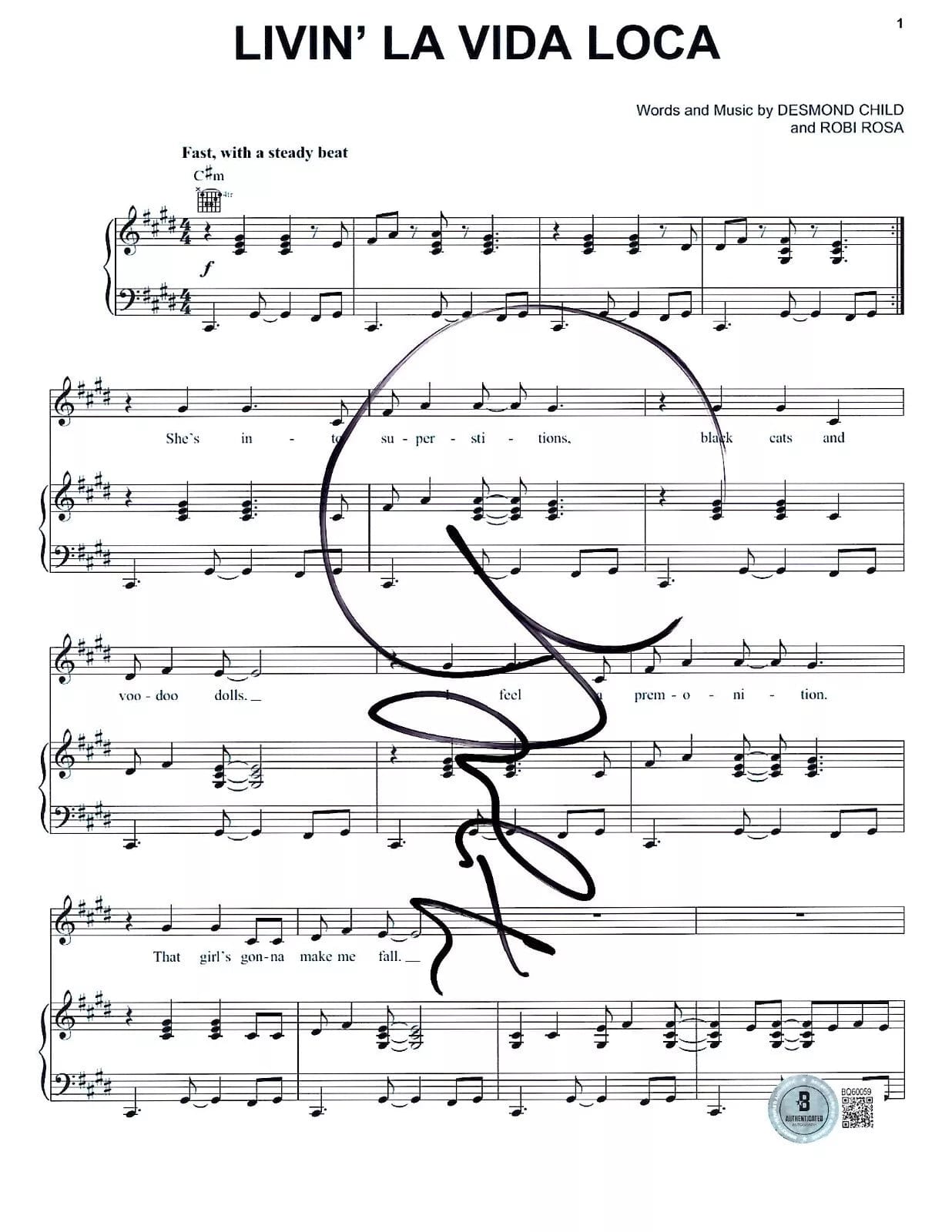 Ricky Martin Signed Livin' La Vida Loca Lyrics & Sheet Music Beckett COA