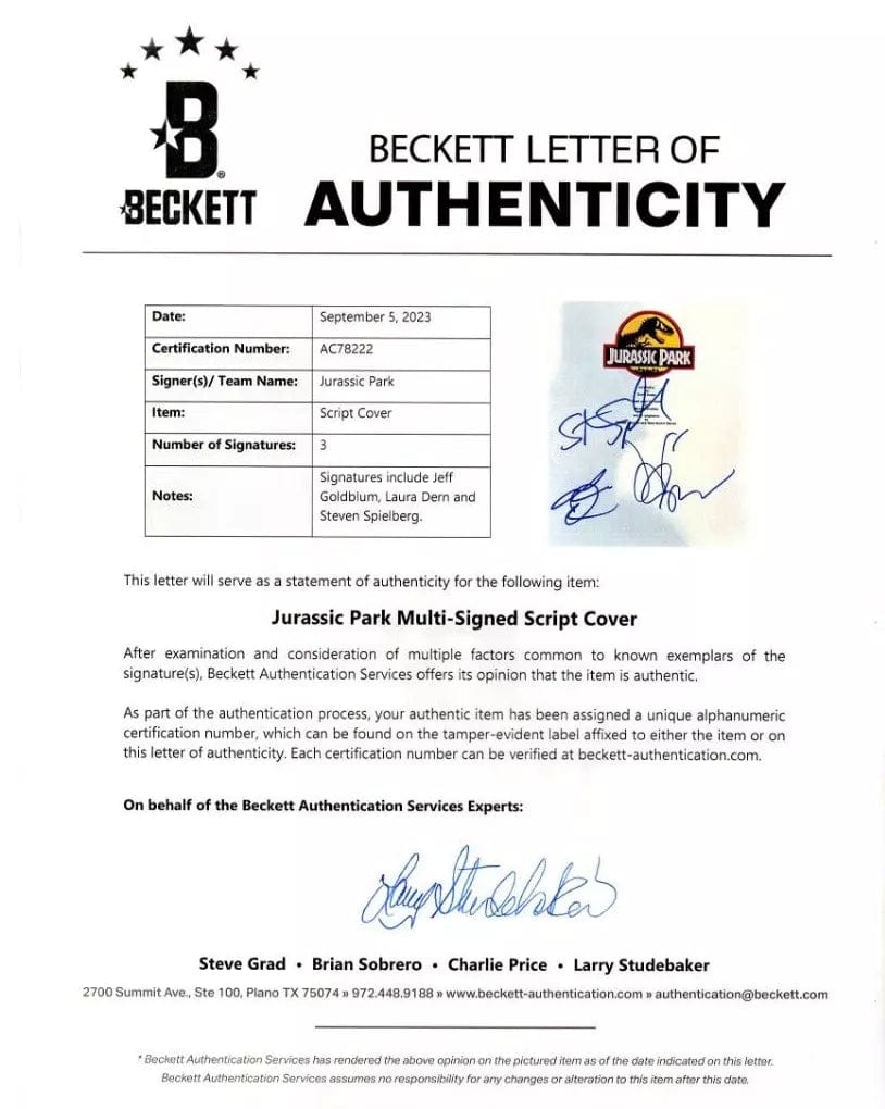 El Jeff Script Jeff Goldblum Signed Script - Beckett - Jurassic Park