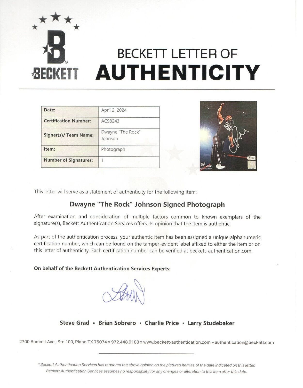 Dwayne Johnson Signed 8x10 Photo from WWF Beckett COA - Item #3 - Detail View