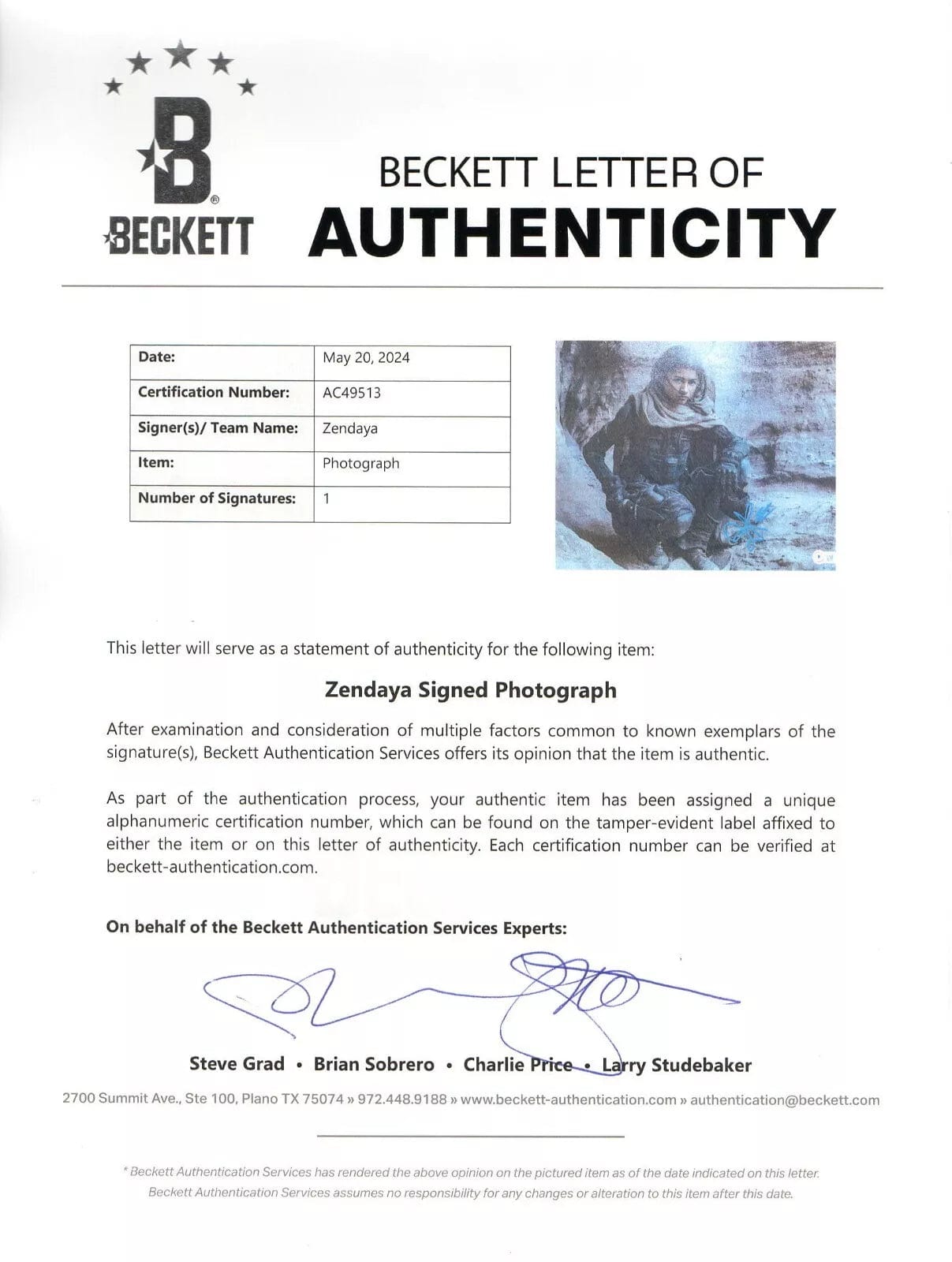 Zendaya Signed 11x14 Photo from Dune Beckett COA - Item #1 - Detail View