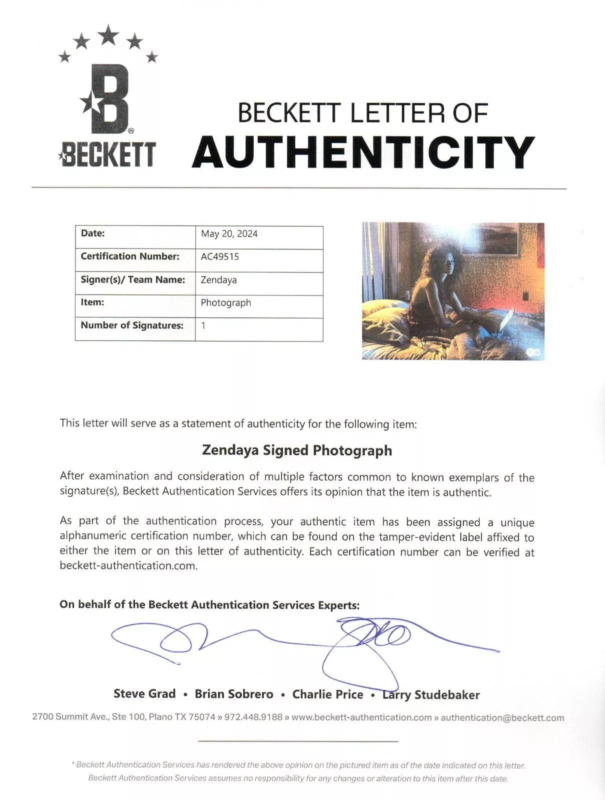 Zendaya Signed 11x14 Photo from Euphoria Beckett COA - Detail View