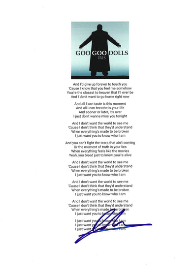 Johnny Rzeznik of Goo Goo Dolls Authentic Autographed Iris Lyric Sheet