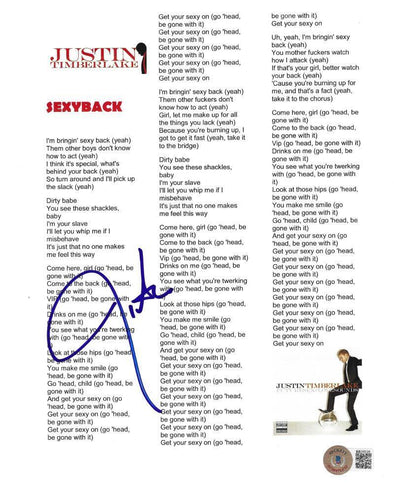 Justin Timberlake Authentic Autographed Sexyback Lyric Sheet