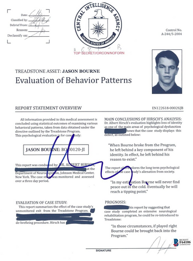 Matt Damon Authentic Autographed Jason Bourne Replica Prop Evaluations of Behavior