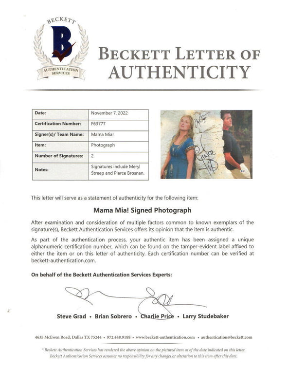 Meryl Streep & Pierce Brosnan Authentic Autographed 11x14 Photo