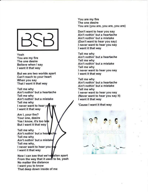 AJ McLean of Backstreet Boys Authentic Autographed 'I Want It That Way' Lyric Sheet - Prime Time Signatures - Music