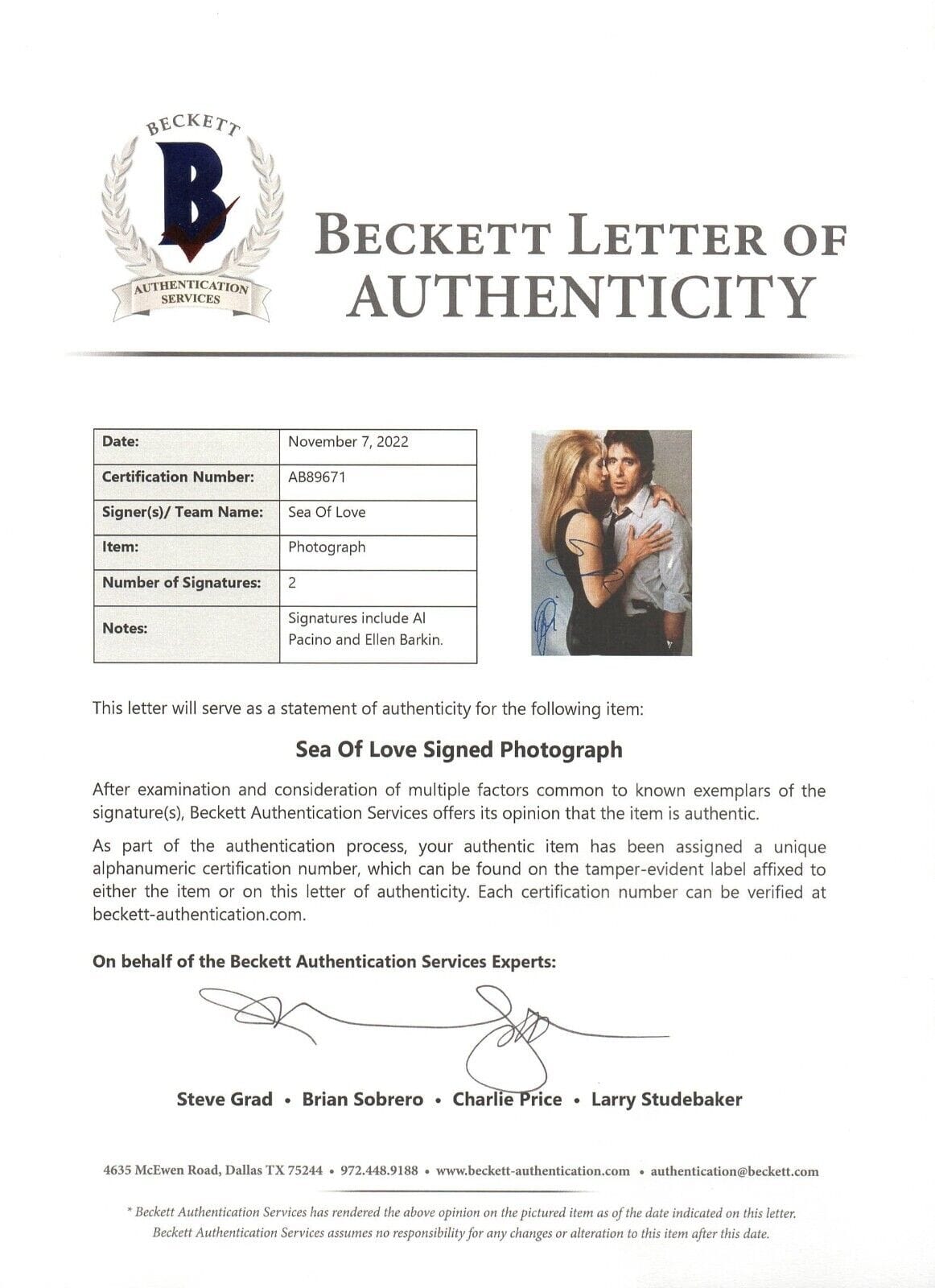Al Pacino Signed 8x10 Photo from Sea of Love Beckett COA - Detail View
