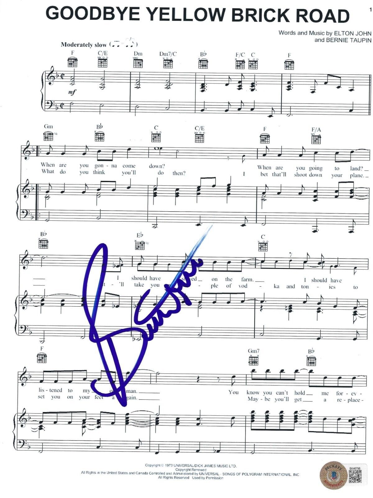 Bernie Taupin Signed Goodbye Yellow Brick Road Lyrics & Sheet Music Beckett COA
