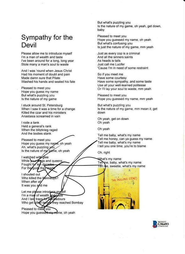 Charlie Watts of The Rolling Stones Authentic Autographed 'Sympathy for the Devil' Lyric Sheet - Prime Time Signatures - Music