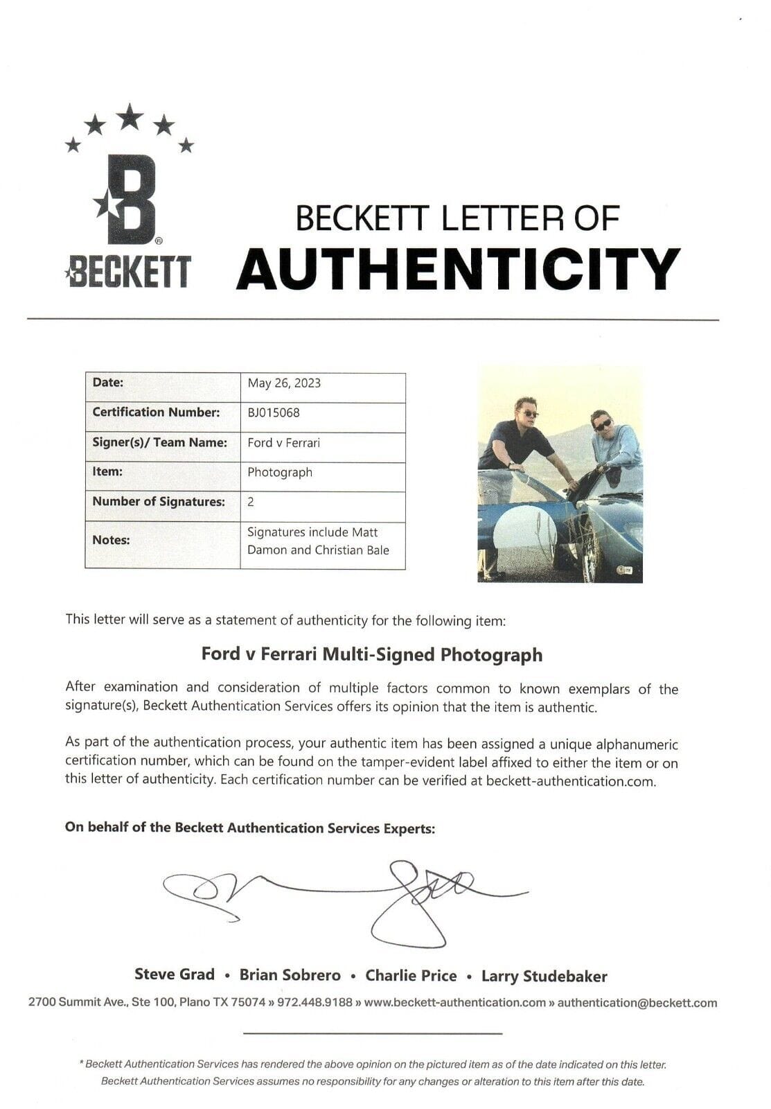 Christian Bale Signed 11x14 Photo from Ford V Ferrari Beckett COA - Detail View