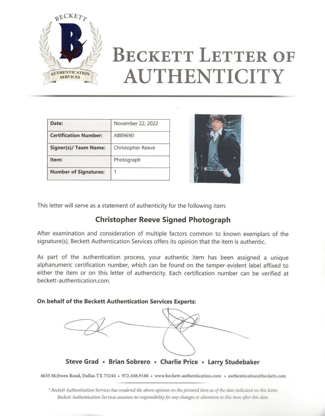 Christopher Reeve Signed 8x10 Photo from Superman Beckett COA - Detail View
