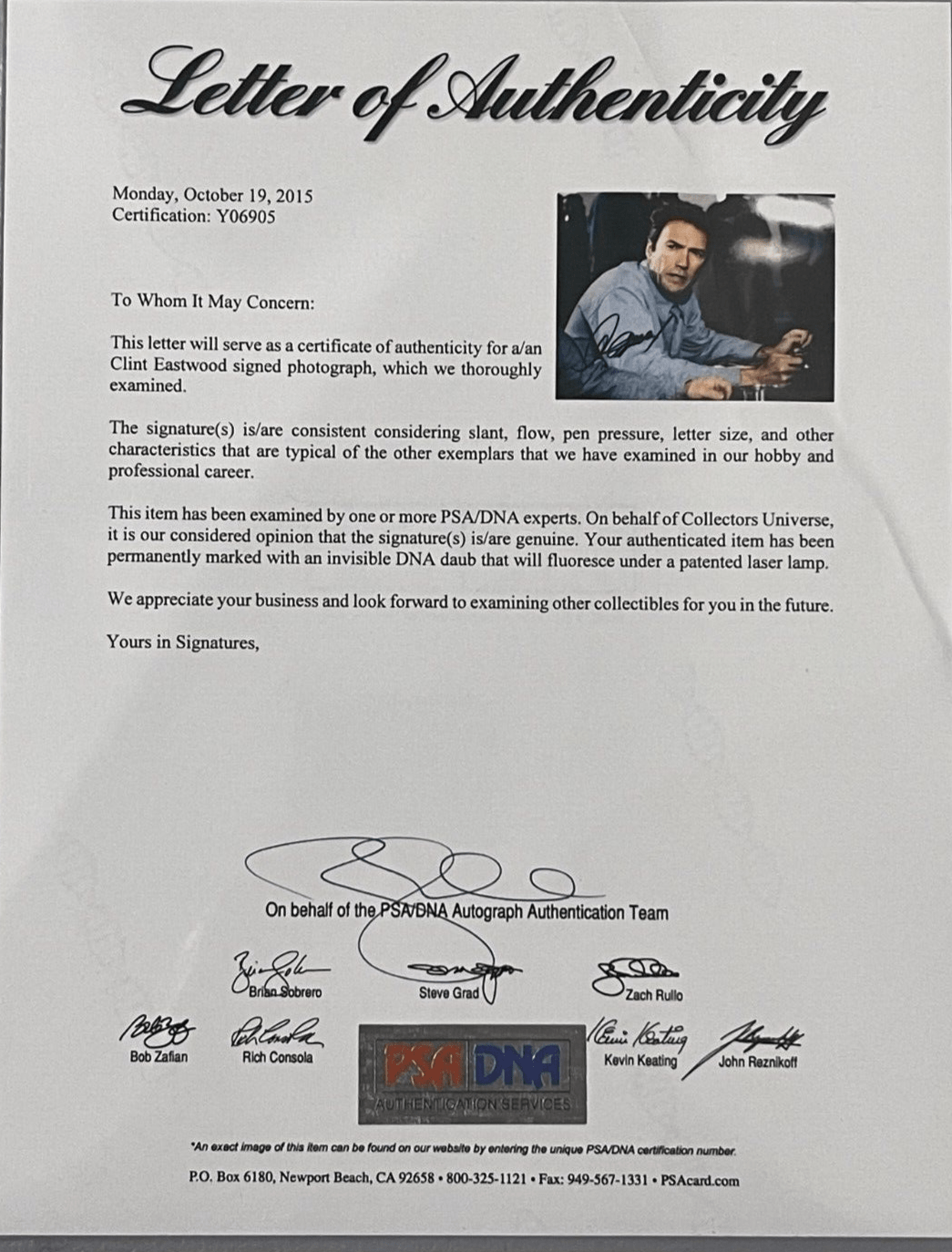 Clint Eastwood Signed 11x14 Photo from Escape from Alcatraz Certified Authentic - Detail View