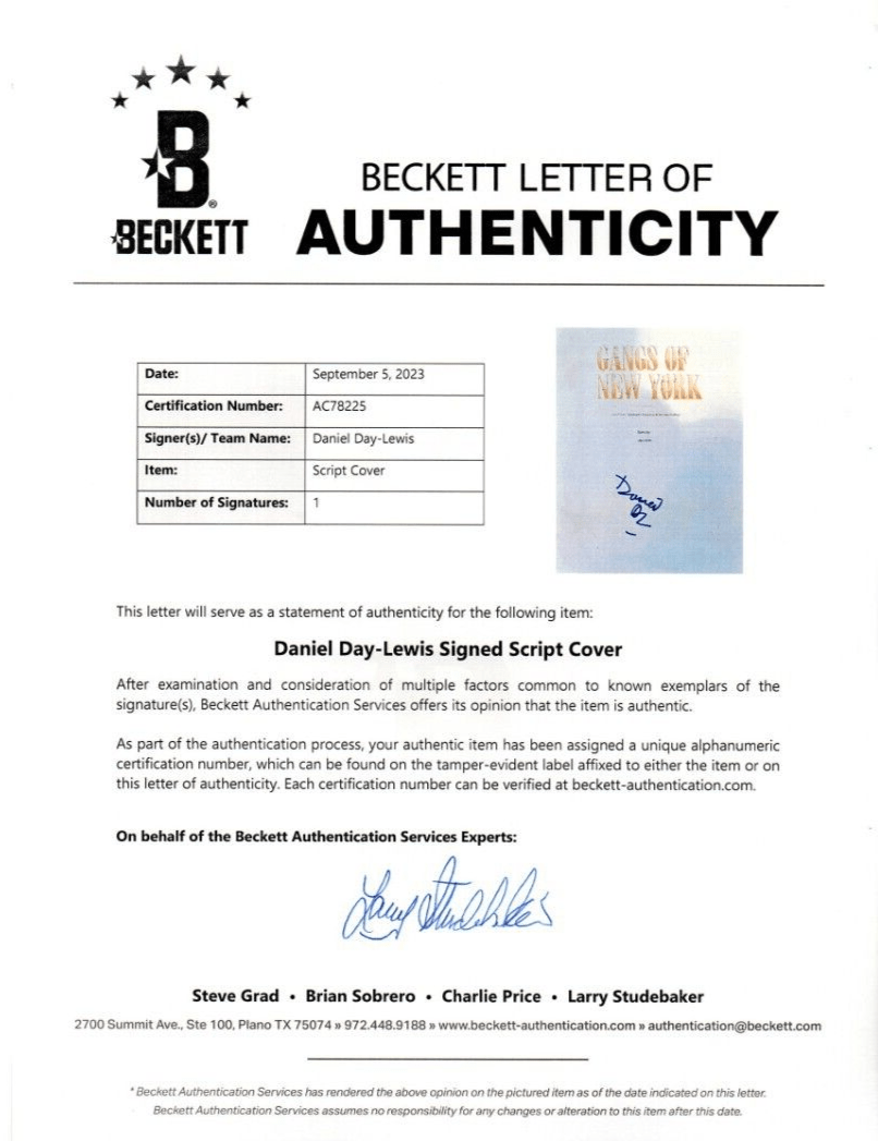 Daniel Day Lewis Signed Script from Gangs of New York Beckett COA - Detail View