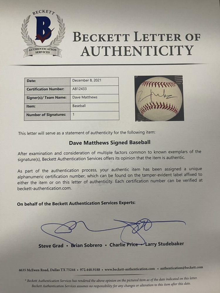 Dave Matthews Signed MLB Baseball Beckett COA - Alternate Angle
