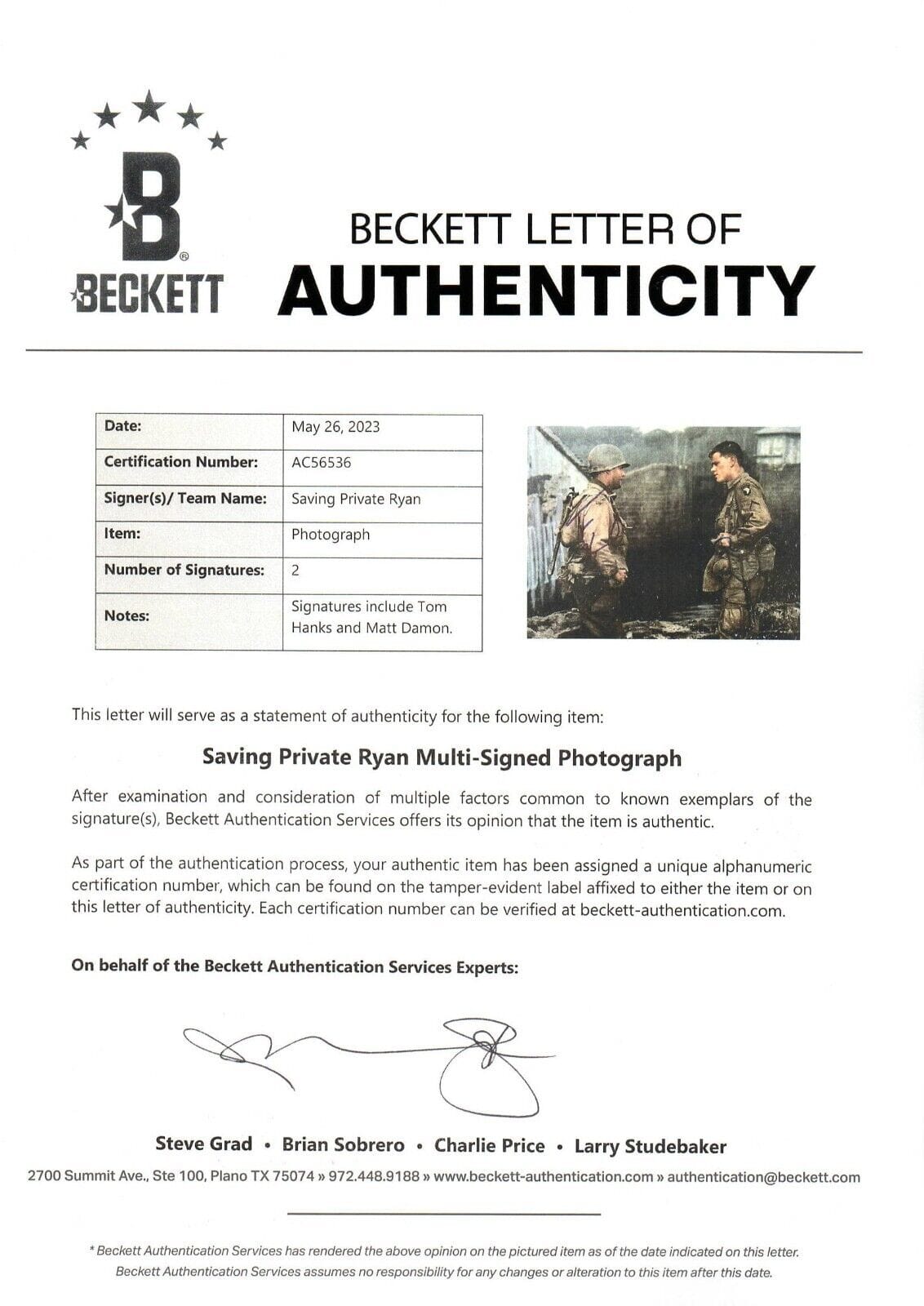 George Clooney Signed 11x14 Photo from Saving Private Ryan Beckett COA - Item #2 - Detail View
