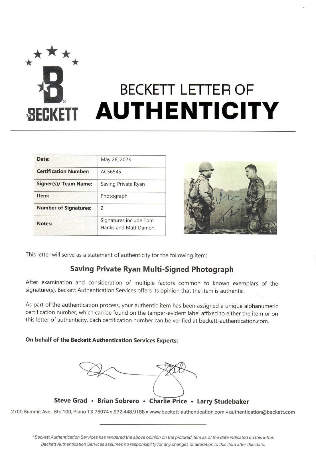 George Clooney Signed 11x14 Photo from Saving Private Ryan Beckett COA - Item #1 - Detail View