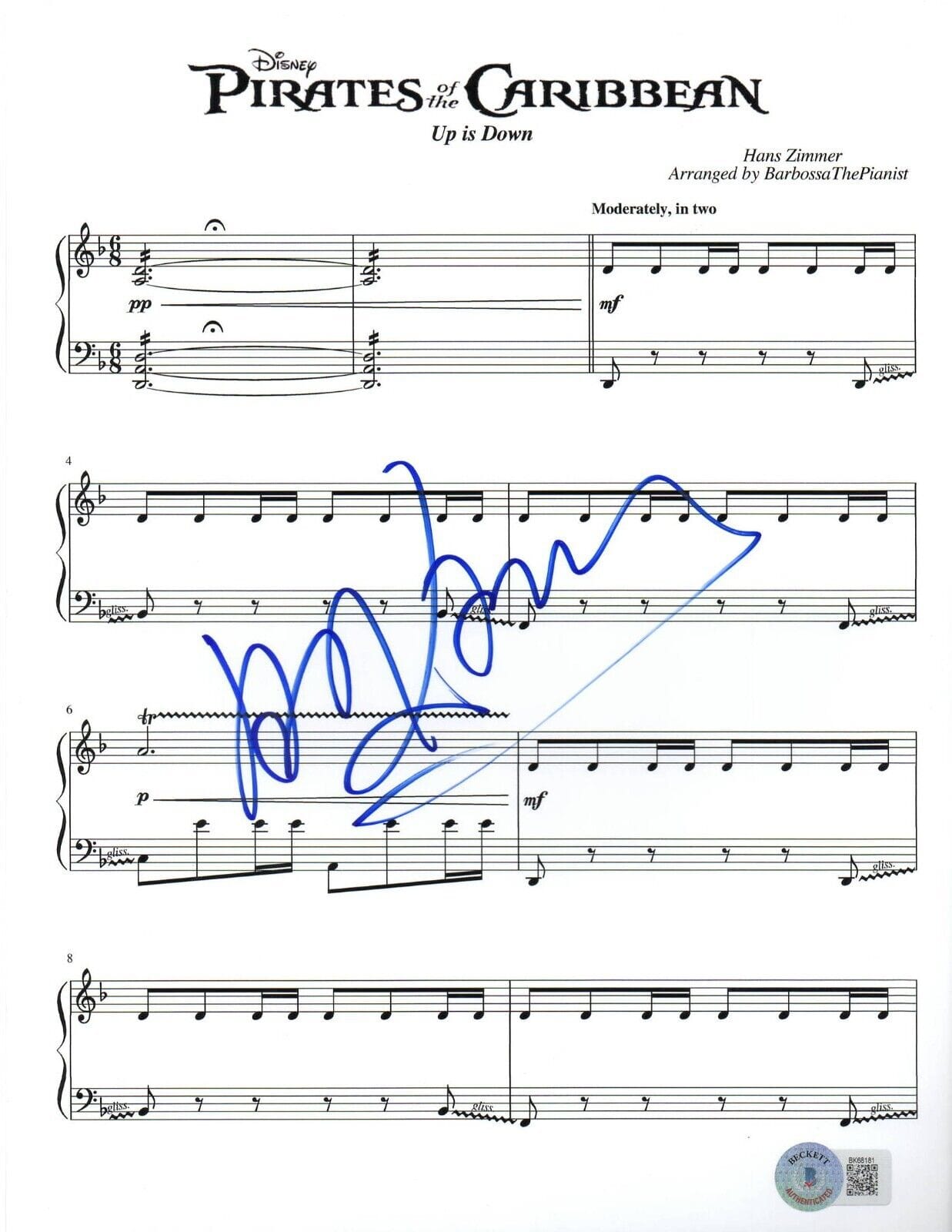 Hans Zimmer Signed Up Is Down Lyrics & Sheet Music from Pirates of the Caribbean Beckett COA