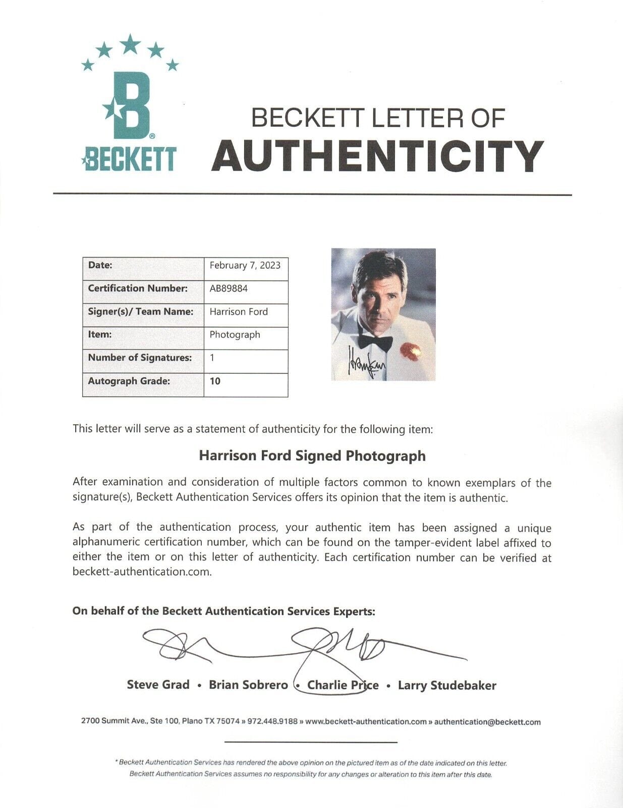 Harrison Ford Signed 8x10 Photo from Indiana Jones Beckett COA - Item #2 - Detail View