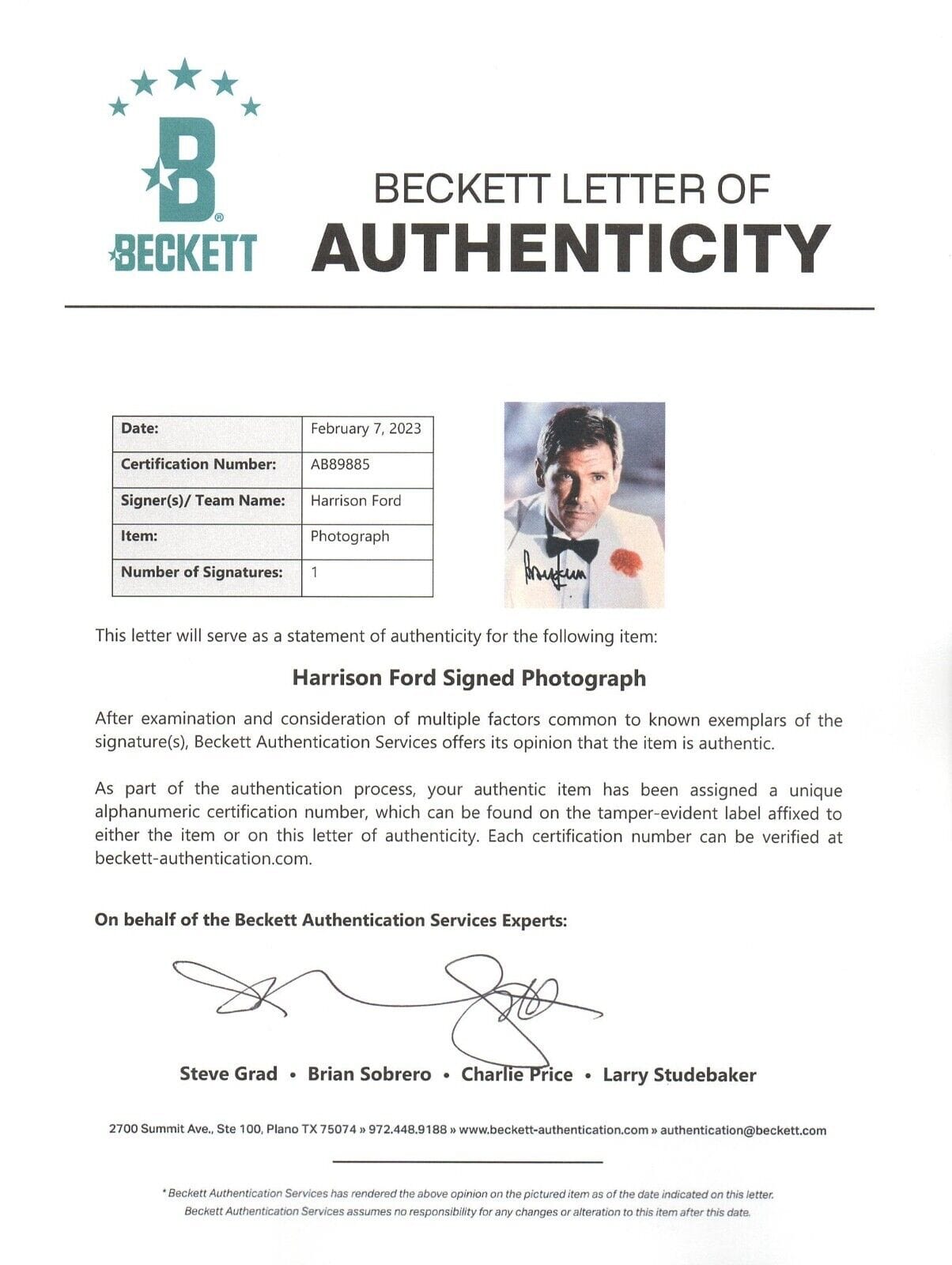 Harrison Ford Signed 8x10 Photo from Indiana Jones Beckett COA - Item #1 - Detail View