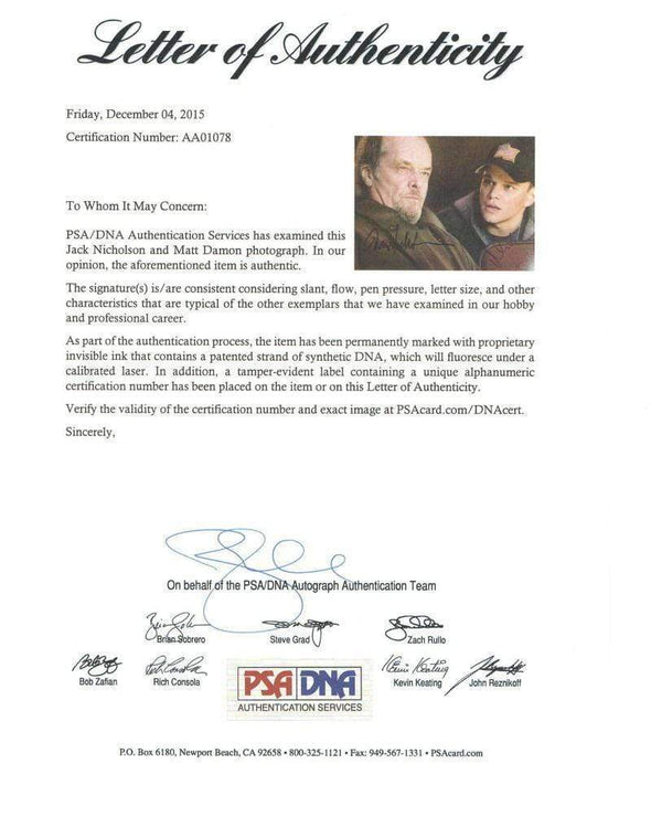 Jack Nicholson, Matt Damon Authentic Autographed 11x14 Photo - Prime Time Signatures - TV & Film