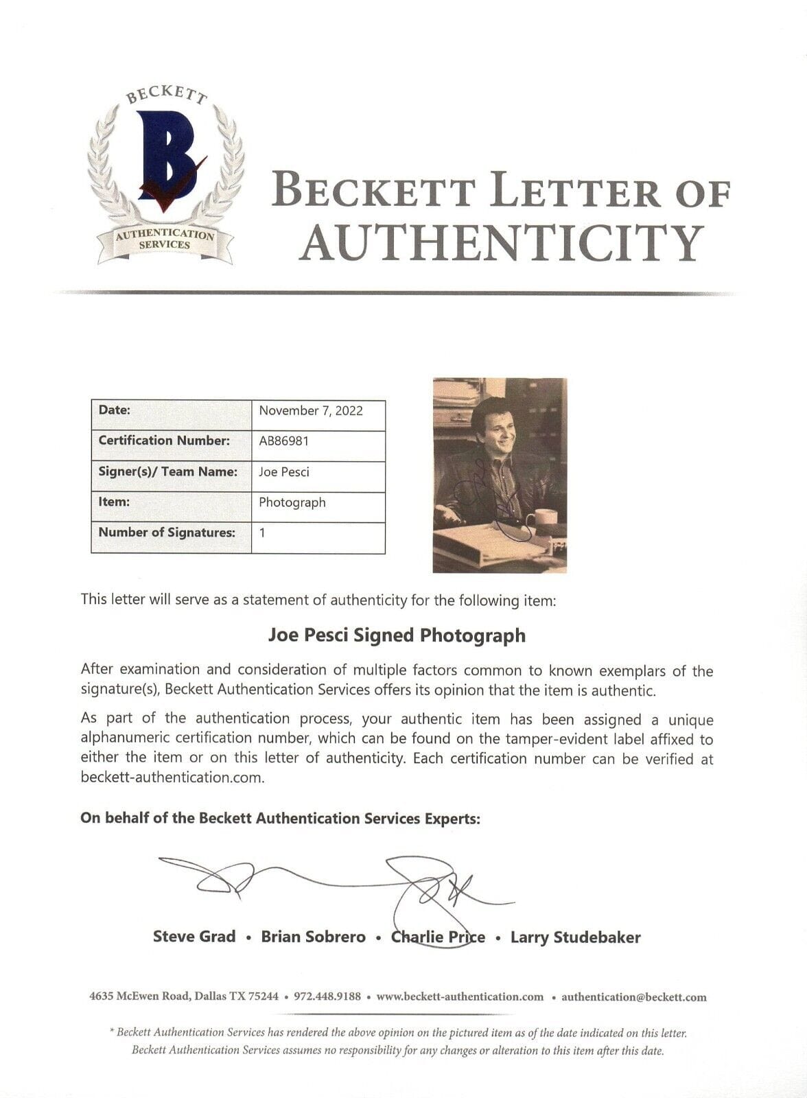 Joe Pesci Signed 8x10 Photo from My Cousin Vinny Beckett COA - Detail View
