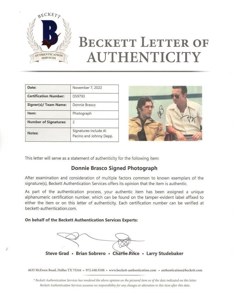 Al Pacino Signed 11x14 Photo from Donnie Brasco Beckett COA - Item #2 - Detail View