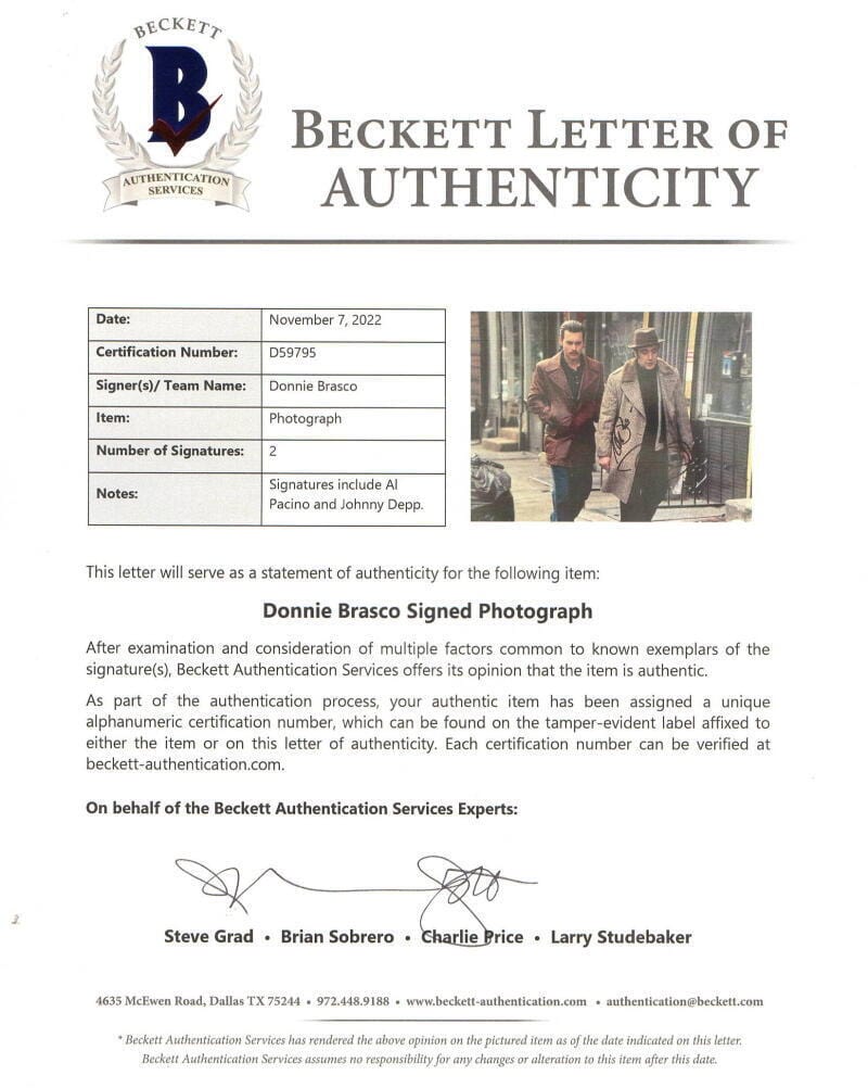 Al Pacino Signed 11x14 Photo from Donnie Brasco Beckett COA - Item #1 - Detail View