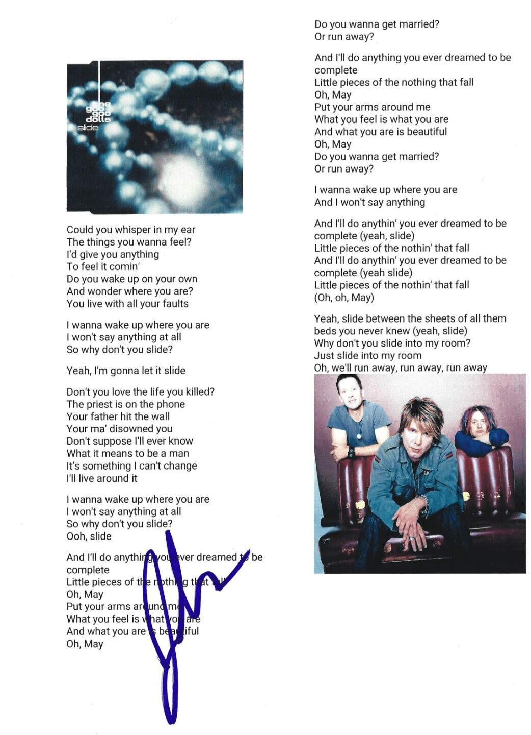 Johnny Rzeznik of Goo Goo Dolls Signed Lyrics & Sheet Music Certified Authentic - Item #1