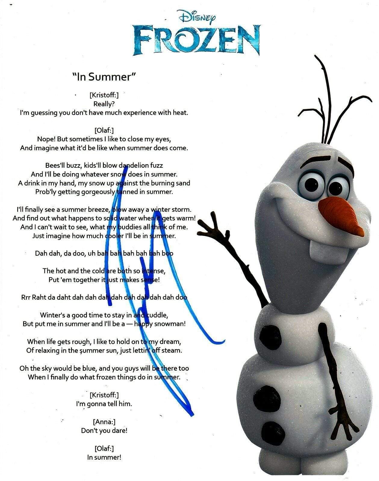 Josh Gad Authentic Autographed "In Summer" Frozen Lyric Sheet - Prime Time Signatures - TV & Film