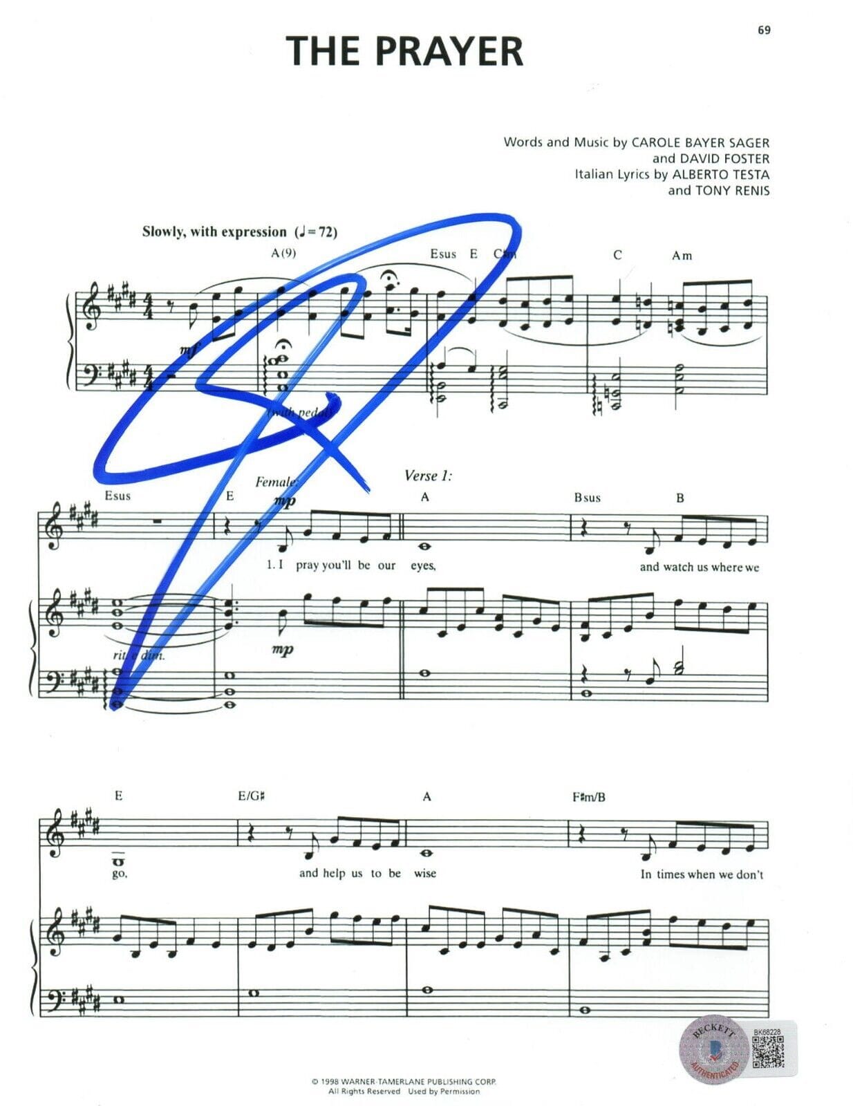 Josh Groban Signed The Prayer Lyrics & Sheet Music Beckett COA