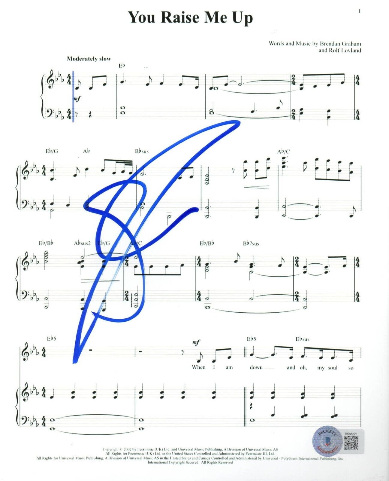 Josh Groban Signed You Raise Me Up Lyrics & Sheet Music Beckett COA