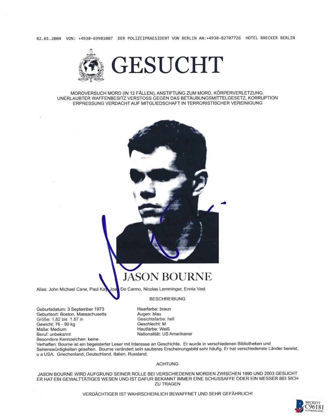Matt Damon Authentic Autographed Jason Bourne Replica Prop Wanted Flyer