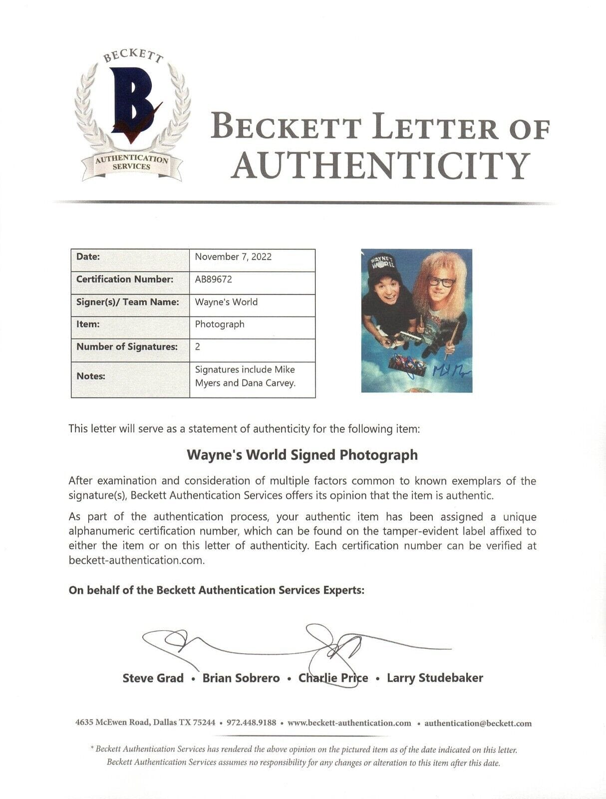 Dana Carvey Signed 8x10 Photo from Wayne's World Beckett COA - Detail View